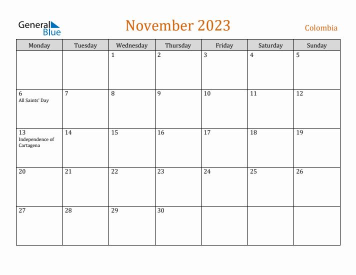 November 2023 Holiday Calendar with Monday Start