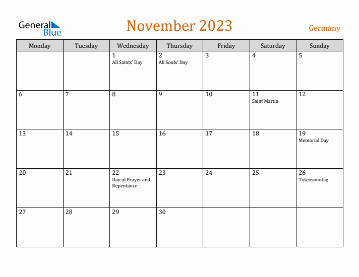 November 2023 Holiday Calendar with Monday Start