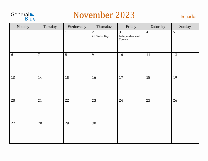 November 2023 Holiday Calendar with Monday Start