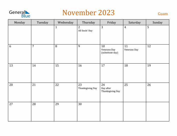 November 2023 Holiday Calendar with Monday Start