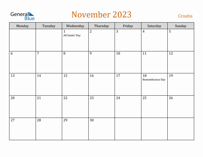 November 2023 Holiday Calendar with Monday Start