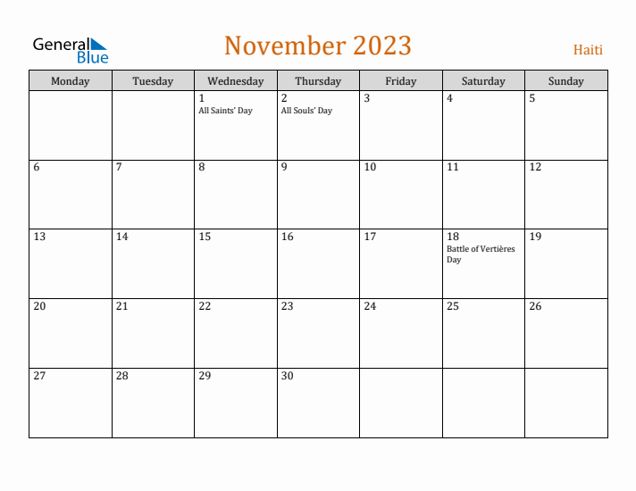 November 2023 Holiday Calendar with Monday Start