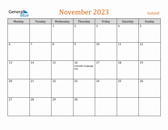 November 2023 Holiday Calendar with Monday Start