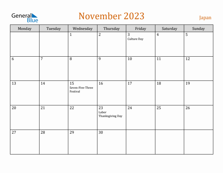 November 2023 Holiday Calendar with Monday Start