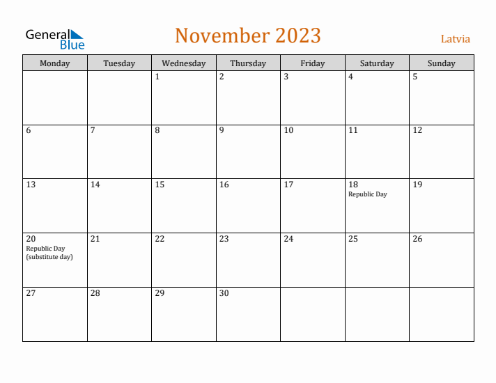 November 2023 Holiday Calendar with Monday Start