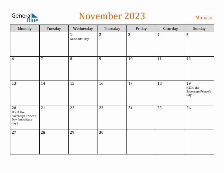 November 2023 Holiday Calendar with Monday Start