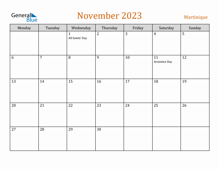 November 2023 Holiday Calendar with Monday Start