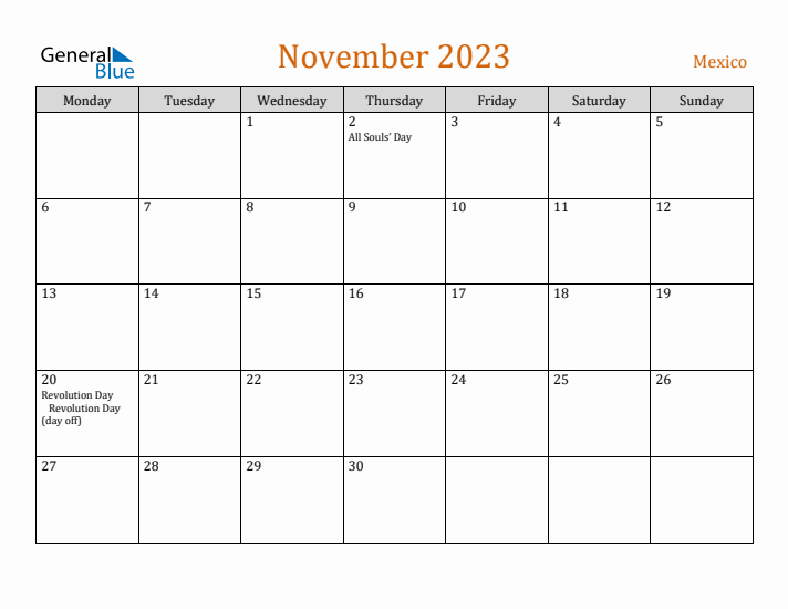 November 2023 Holiday Calendar with Monday Start