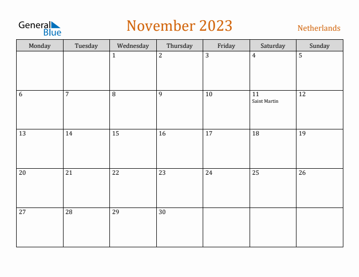 November 2023 Holiday Calendar with Monday Start