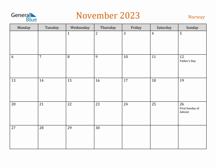 November 2023 Holiday Calendar with Monday Start