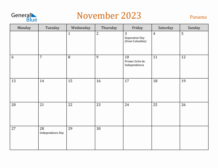 November 2023 Holiday Calendar with Monday Start