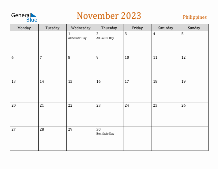 November 2023 Holiday Calendar with Monday Start