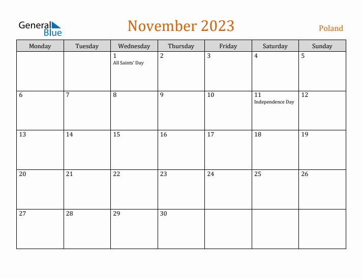 November 2023 Holiday Calendar with Monday Start