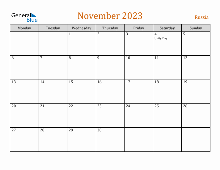 November 2023 Holiday Calendar with Monday Start