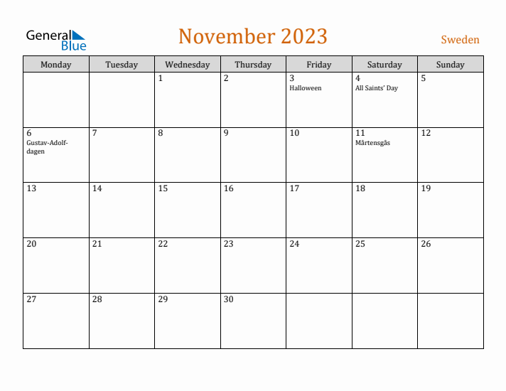 November 2023 Holiday Calendar with Monday Start