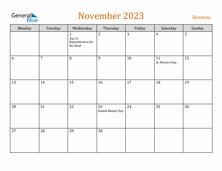 November 2023 Holiday Calendar with Monday Start