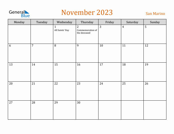 November 2023 Holiday Calendar with Monday Start