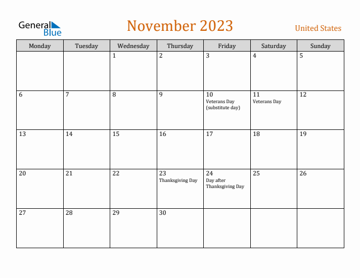 November 2023 Holiday Calendar with Monday Start