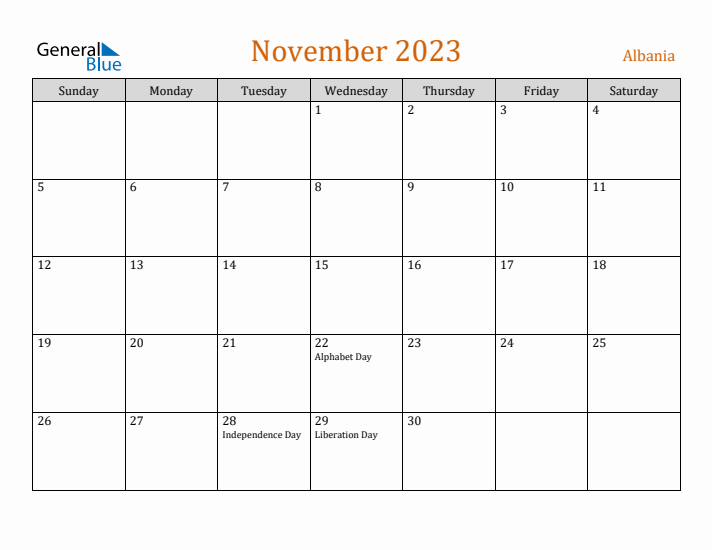 November 2023 Holiday Calendar with Sunday Start