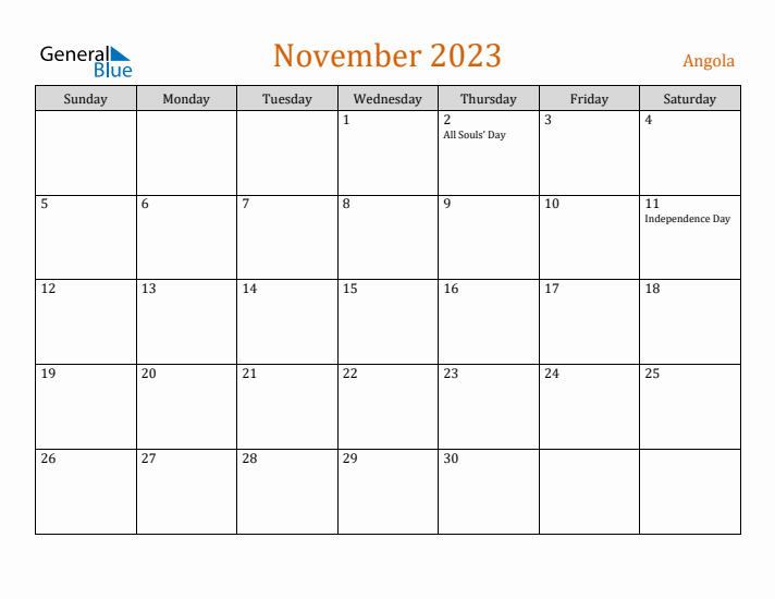 November 2023 Holiday Calendar with Sunday Start