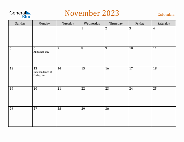 November 2023 Holiday Calendar with Sunday Start