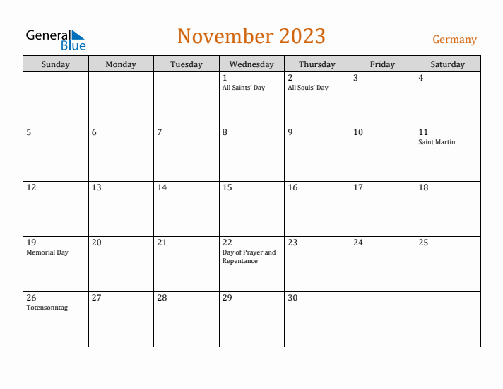 November 2023 Holiday Calendar with Sunday Start