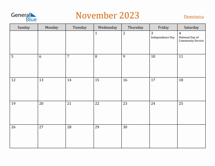 November 2023 Holiday Calendar with Sunday Start