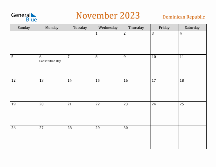 November 2023 Holiday Calendar with Sunday Start