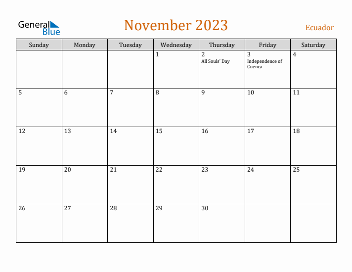 November 2023 Holiday Calendar with Sunday Start