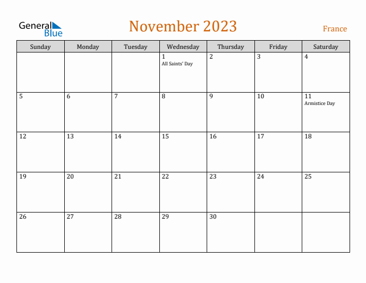 November 2023 Holiday Calendar with Sunday Start