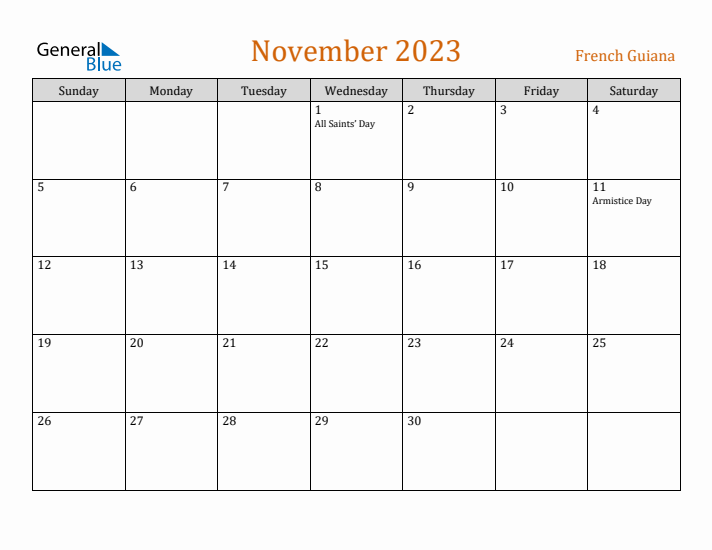 November 2023 Holiday Calendar with Sunday Start