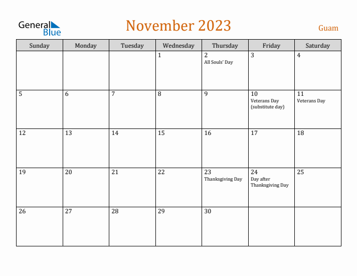 November 2023 Holiday Calendar with Sunday Start