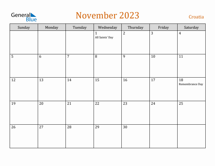 November 2023 Holiday Calendar with Sunday Start