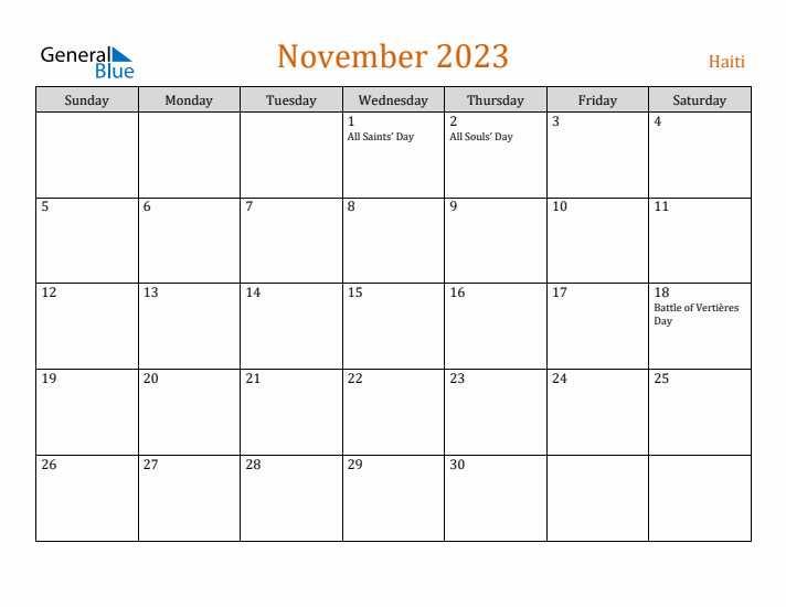 November 2023 Holiday Calendar with Sunday Start