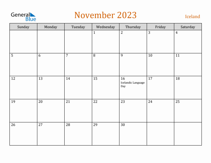 November 2023 Holiday Calendar with Sunday Start