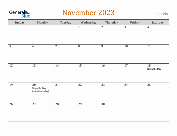 November 2023 Holiday Calendar with Sunday Start