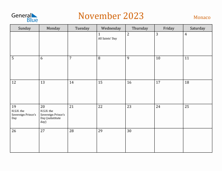 November 2023 Holiday Calendar with Sunday Start