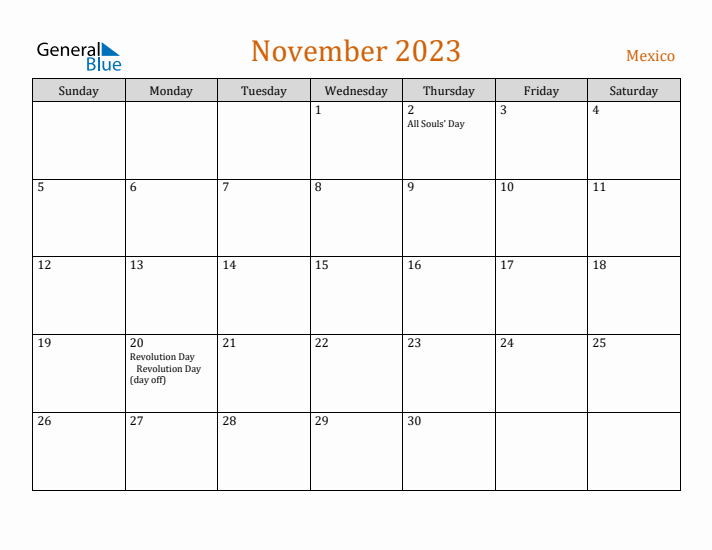 November 2023 Holiday Calendar with Sunday Start