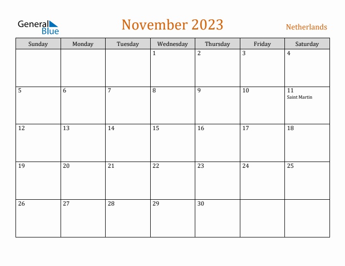 November 2023 Holiday Calendar with Sunday Start