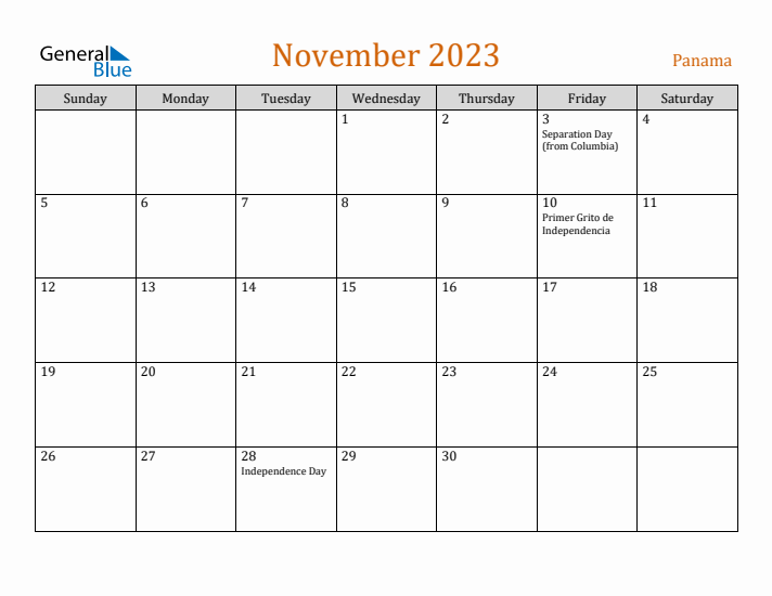 November 2023 Holiday Calendar with Sunday Start