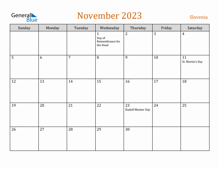 November 2023 Holiday Calendar with Sunday Start