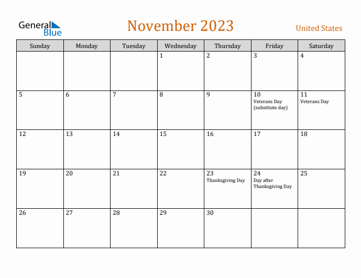 November 2023 Holiday Calendar with Sunday Start