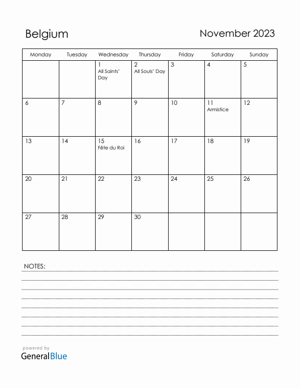 November 2023 Belgium Calendar with Holidays (Monday Start)