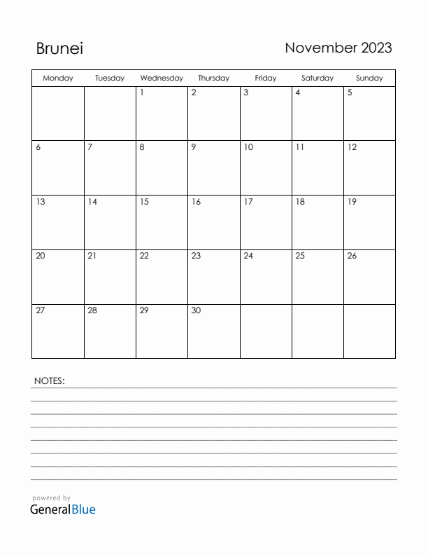 November 2023 Brunei Calendar with Holidays (Monday Start)