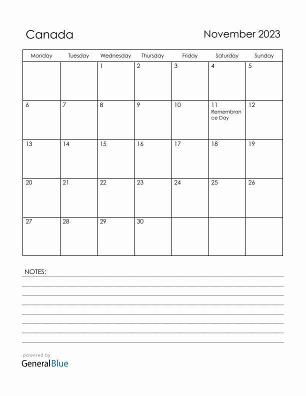 November 2023 Canada Calendar with Holidays (Monday Start)