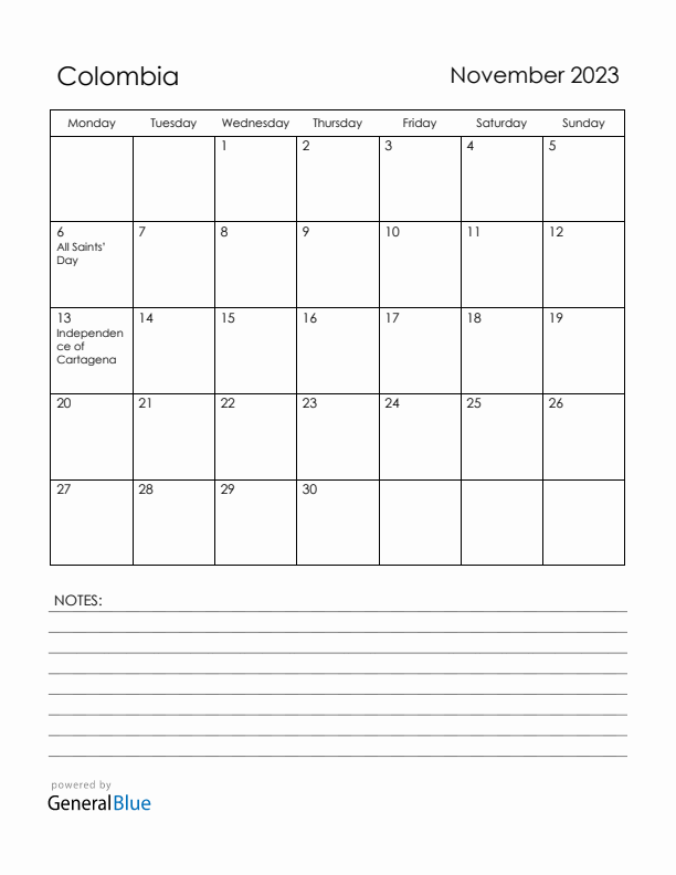 November 2023 Colombia Calendar with Holidays (Monday Start)