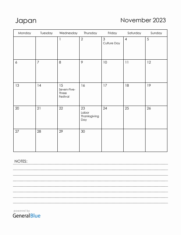 November 2023 Japan Calendar with Holidays (Monday Start)