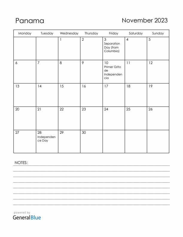 November 2023 Panama Calendar with Holidays (Monday Start)