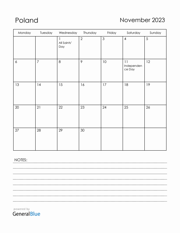 November 2023 Poland Calendar with Holidays (Monday Start)