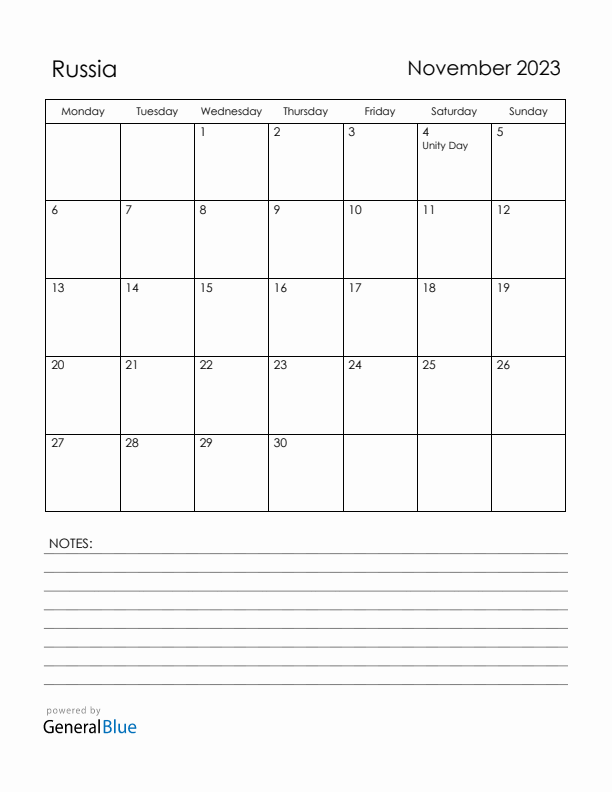 November 2023 Russia Calendar with Holidays (Monday Start)